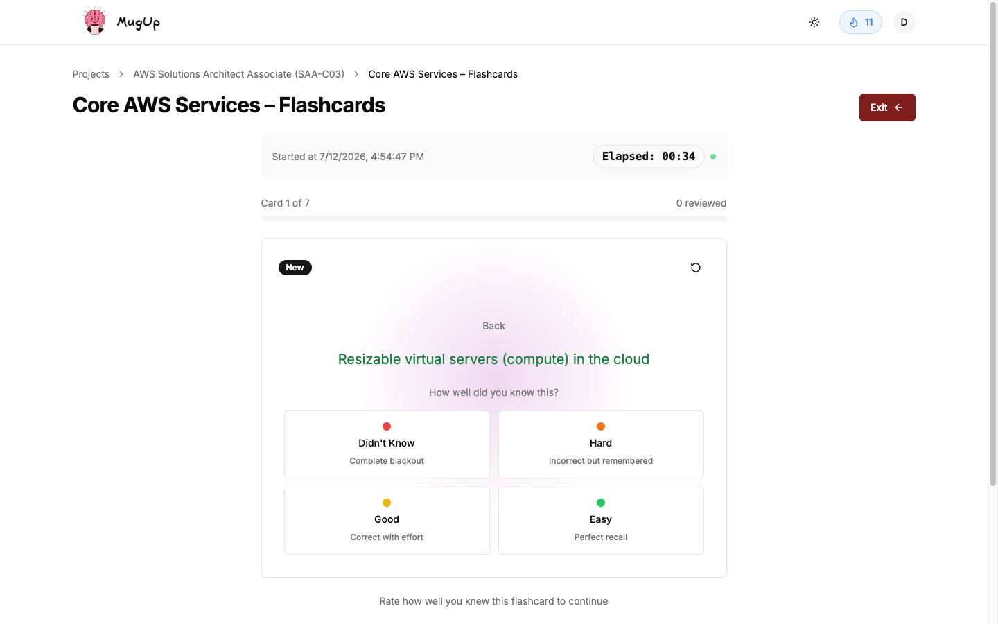 A flashcard with spaced-repetition self-rating in MugUp